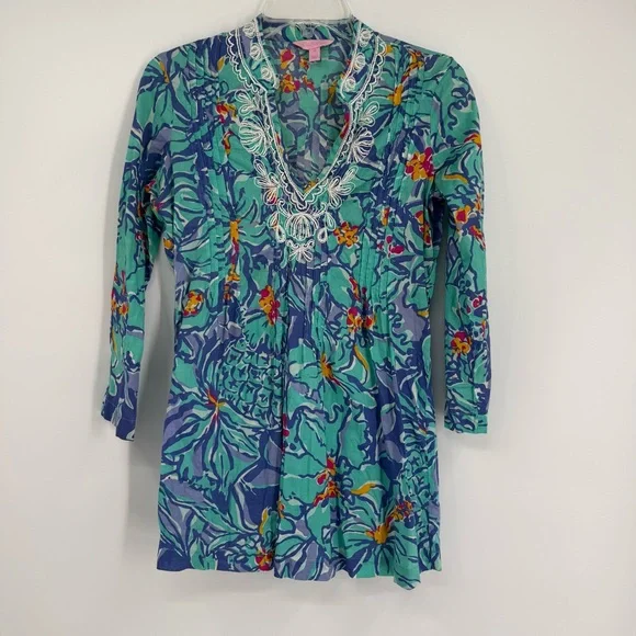 Lilly Pulitzer Beaded Blue Iris Mai Tai Tunic Top Women’s Size XS Pearls Cotton - Picture 10 of 10